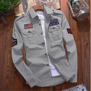                       Fashlook Solid Curved Collar Regular Fit Cotton Blend Casual Grey Shirt For Mens                                              
