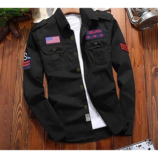                       Fashlook Solid Curved Collar Regular Fit Cotton Blend Casual Black Shirt For Mens                                              