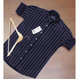                       Fashlook Striped Curved Collar Regular Fit Cotton Blend Casual Navy Shirt For Mens                                              