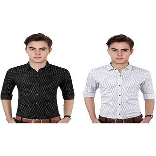                       Fashlook Polka Print Curved Collar Regular Fit Cotton Blend Casual Dark Blue///Black Shirt For Mens (Pack of 2)                                              
