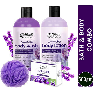 Globus Naturals Lavender Body Lotion 200ml, Soap 100 gm & Body Wash 200ml skin care Combo with Loofah Globus Naturals Lavender Body Lotion 200ml, Soap 100 gm & Body Wash 200ml skin care Combo with Loofah