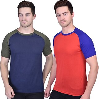                       PRINTCULTR Pack of 2 Men Solid Round Neck Cotton Blend Dark Blue, Red T-Shirt                                              