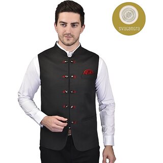                       PrintCulture Men Solid Black Cotton Blend Nehru Jacket                                              