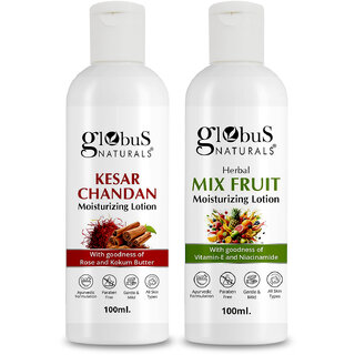                       Globus Naturals Body Lotion Combo Set of 2 Kesar Chandan  Mix Fruit Body Lotion For NonGreasy Lightweight Body Moisturizer for Women  Men  All Skin Types                                              