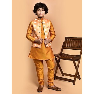                       PrintCultr Boys Festive & Party Kurta, Waistcoat and Pyjama Set (Yellow)                                              