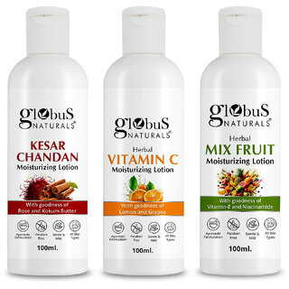 Globus Naturals Body Lotion Combo Set of 3 Kesar Chandan Vitamin C Mix Fruit Body Lotion For NonGreasy Lightweight Body Moisturizer for Women Men All Skin Types Globus Naturals Body Lotion Combo Set of 3 Kesar Chandan Vitamin C Mix Fruit Body Lotion For NonGreasy Lightweight Body Moisturizer for Women Men All Skin Types