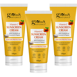 Globus Naturals Vitamin C Sunscreen Cream with Goodness of Coconut Papaya For Sun Protection All Skin Types 100gm, Set of 3 Globus Naturals Vitamin C Sunscreen Cream with Goodness of Coconut Papaya For Sun Protection All Skin Types 100gm, Set of 3