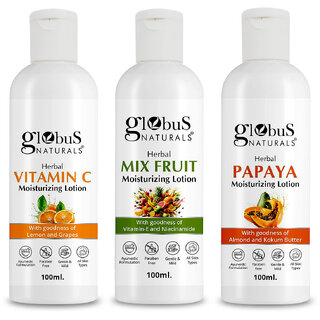                       Globus Naturals Body Lotion Combo Set of 3 Vitamin C  Mix Fruit Papaya Body Lotion For NonGreasy Lightweight Body Moisturizer for Women  Men  All Skin Types                                              