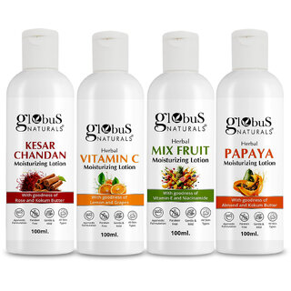 Globus Naturals Body Lotion Combo Set of 4 Kesar Chandan Vitamin C Mix Fruit Papaya Body Lotion For NonGreasy Lightweight Body Moisturizer for Women Men All Skin Types Globus Naturals Body Lotion Combo Set of 4 Kesar Chandan Vitamin C Mix Fruit Papaya Body Lotion For NonGreasy Lightweight Body Moisturizer for Women Men All Skin Types