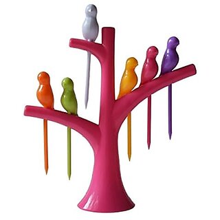                       Birdie Plastic Fruit Fork Set with Stand 6-Pieces Multicolour                                              