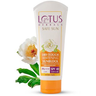 Lotus Herbals Safe Sun Dry Touch Whitening Sunscreen SPF 40 PA+++Dermatologically tested UVA Protection 50g Lotus Herbals Safe Sun Dry Touch Whitening Sunscreen SPF 40 PA+++Dermatologically tested UVA Protection 50g