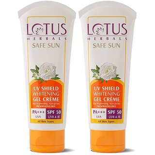 Lotus Herbals Safe Sun Uv Shield Whitening Gel Cream Spf 50 Pa +++ Uva Uvb Protection Non Oily 50G (Pack Of 2) Lotus Herbals Safe Sun Uv Shield Whitening Gel Cream Spf 50 Pa +++ Uva Uvb Protection Non Oily 50G (Pack Of 2)