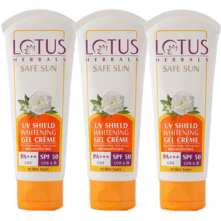 Lotus Herbals Safe Sun Uv Shield Whitening Gel Cream Spf 50 Pa Uva Uvb Protection Non Oily 50G ( Pack Of 3) Lotus Herbals Safe Sun Uv Shield Whitening Gel Cream Spf 50 Pa Uva Uvb Protection Non Oily 50G ( Pack Of 3)