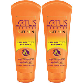 Lotus Herbals Safe Sun Ultra Sunblock Spf 100+ Pa+++ Anti-Ageing Preservative Free 50G ( Pack Of 2 ) Lotus Herbals Safe Sun Ultra Sunblock Spf 100+ Pa+++ Anti-Ageing Preservative Free 50G ( Pack Of 2 )
