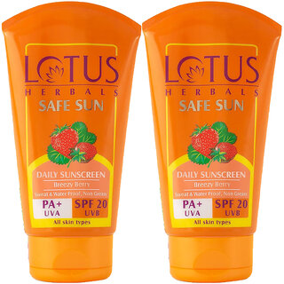 Lotus Herbals Safe Sun Sunscreen Cream - Breezy Berry Spf 20 Pa+ Sweat Waterproof, Non-Greasy50G ( Pack Of 2 ) Lotus Herbals Safe Sun Sunscreen Cream - Breezy Berry Spf 20 Pa+ Sweat Waterproof, Non-Greasy50G ( Pack Of 2 )
