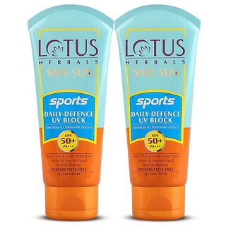 Lotus Herbals Safe Sun Sports Daily-Defence Uv Block Spf 50 Pa+++ Water Resistant Sweat Resistant 80 G ( Pack Of 2 Lotus Herbals Safe Sun Sports Daily-Defence Uv Block Spf 50 Pa+++ Water Resistant Sweat Resistant 80 G ( Pack Of 2