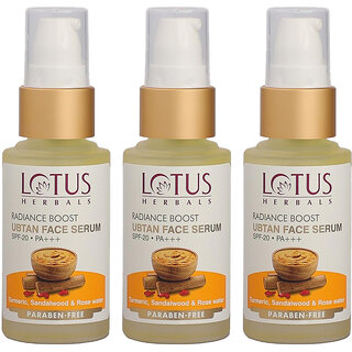Lotus Herbals Radiance Boost Ubtan Face Serum Spf 20 Turmeric Sandalwood Rose Water 30Ml (Pack Of 3) Lotus Herbals Radiance Boost Ubtan Face Serum Spf 20 Turmeric Sandalwood Rose Water 30Ml (Pack Of 3)