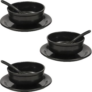 Ariya Melamine Soup Bowl Set with Spoon and Plate - Black, Set of 3 | Durable & Multipurpose for Soup, Noodles & Pasta