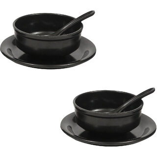 Aurka Melamine Soup Bowl Set with Spoon and Plate (Black  Set of 2) Perfect for Soup, Noodles, Pasta, for Home, Office