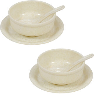 Aurka Melamine Soup Bowl Set with Spoon and Plate (Marble  Set of 2) Perfect for Soup, Noodles, Pasta, for Home, Office