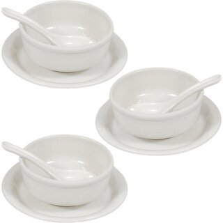 Aurka Melamine Soup Bowl Set with Spoon and Plate (White  Set of 3) Perfect for Soup, Noodles, Pasta, for Home, Office