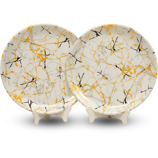Ariya Melamine 12 Inch Dinner Plates - White Base, Golden & Black, Set of 2 | Durable, Lightweight & Easy to Clean
