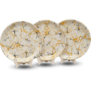 Ariya Melamine 12 Inch Dinner Plates - White Base, Golden & Black, Set of 3 | Durable, Lightweight & Easy to Clean