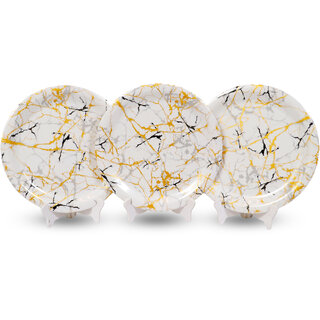 Ariya Melamine 11 Inch Dinner Plates - White Base, Golden & Black, Set of 3 | Durable, Lightweight & Easy to Clean