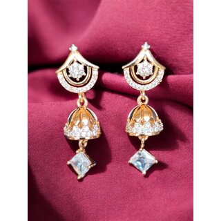                       Elegant Gold-Plated Jhumka Drop Earrings with CZ Stones  Floral Motif  Traditional Ethnic Dangler Earrings                                              