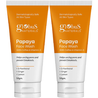                       Globus Naturals Papaya Face Wash with Coffee  Vitamin-E, , helps unclog pores and reduces breakouts, Suitable for All Skin Types, 50gm, Set of 2                                              