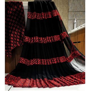                      Amazify Women's Satin Patta Printed Saree With Unstitched Blouse (Red)                                              