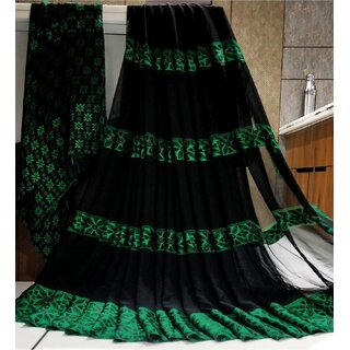                       Amazify Women's Satin Patta Printed Saree With Unstitched Blouse (Green)                                              