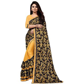                       Amazify Women's Lycra Blend Saree with Blouse (Mustard, 5-6 Mtrs)                                              