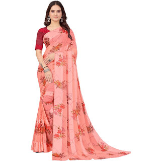                       Amazify Women's Satin Patta Printed Saree With Unstitched Blouse (Peach)                                              
