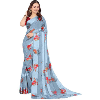                       Amazify Women's Satin Patta Printed Saree With Unstitched Blouse (Grey)                                              