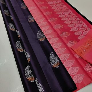Amazify Women's Borderless Kanjivaram Silk Sarees With Unstitched Blouse (Purple)
