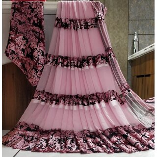                       Amazify Women's Satin Patta Printed Saree With Unstitched Blouse (Pink)                                              