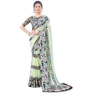                       Amazify Women's Satin Patta Printed Saree With Unstitched Blouse (Cream)                                              
