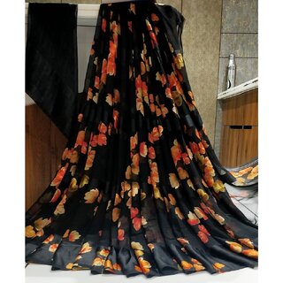                       Amazify Women's Satin Patta Printed Saree With Unstitched Blouse (Black)                                              