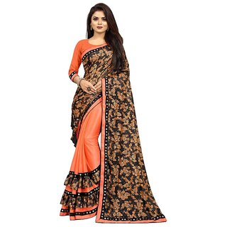                       Amazify Women's Lycra Blend Saree with Blouse (Orange, 5-6 Mtrs)                                              