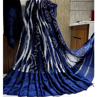                       Amazify Women's Satin Patta Printed Saree With Unstitched Blouse (Blue)                                              
