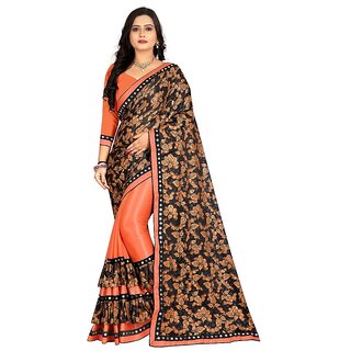                       Amazify Women's Lycra Blend Saree with Blouse (Orange, 5-6 Mtrs)                                              