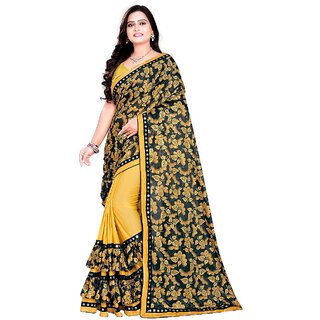                       Amazify Women's Lycra Blend Saree with Blouse (Mustard, 5-6 Mtrs)                                              