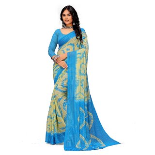                       Amazify Women's Georgette Printed Saree With Unstitched Blouse (Skyblue)                                              