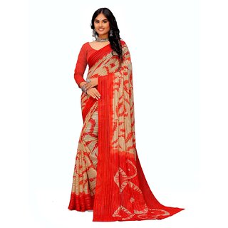                       Amazify Women's Georgette Printed Saree With Unstitched Blouse (Red)                                              