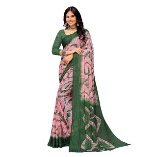                       Amazify Women's Georgette Printed Saree With Unstitched Blouse (Green)                                              