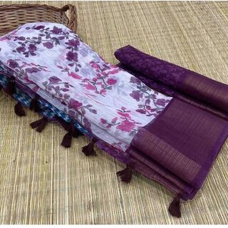                       Amazify Women's Cotton Printed Saree With Unstitched Blouse (Wine)                                              