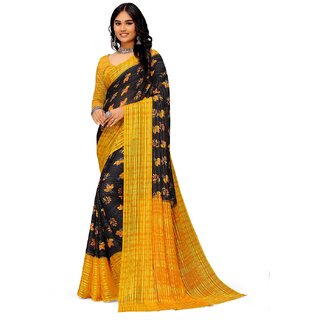                       Amazify Women's Georgette Printed Saree With Unstitched Blouse (Yellow)                                              