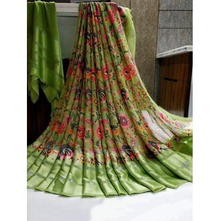                       Amazify Women's Satin Patta Printed Saree With Unstitched Blouse (Green)                                              