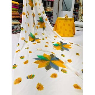                       Amazify Women's Georgette Printed Saree With Unstitched Blouse (Yellow)                                              